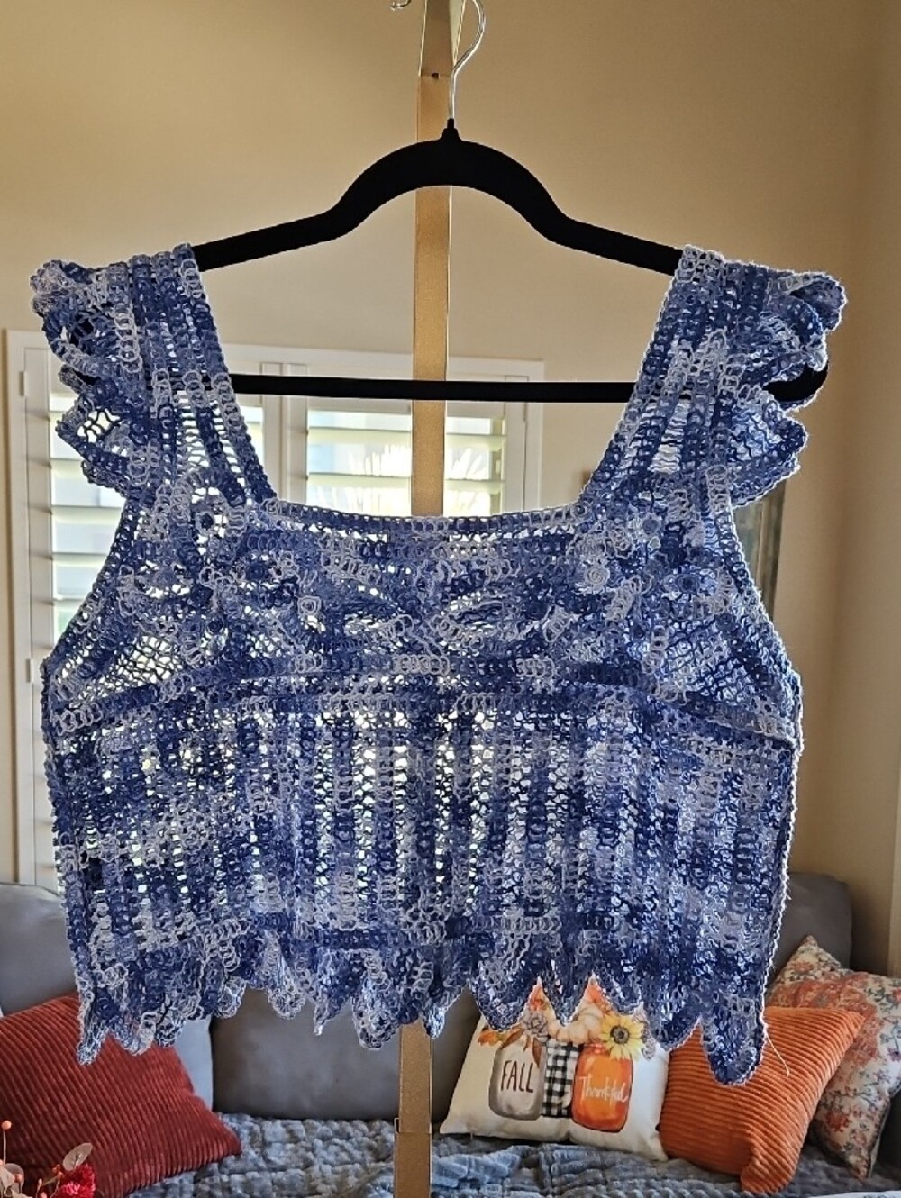 Blue Crochet Ruffle Crop Top - Picture 3 of 4
